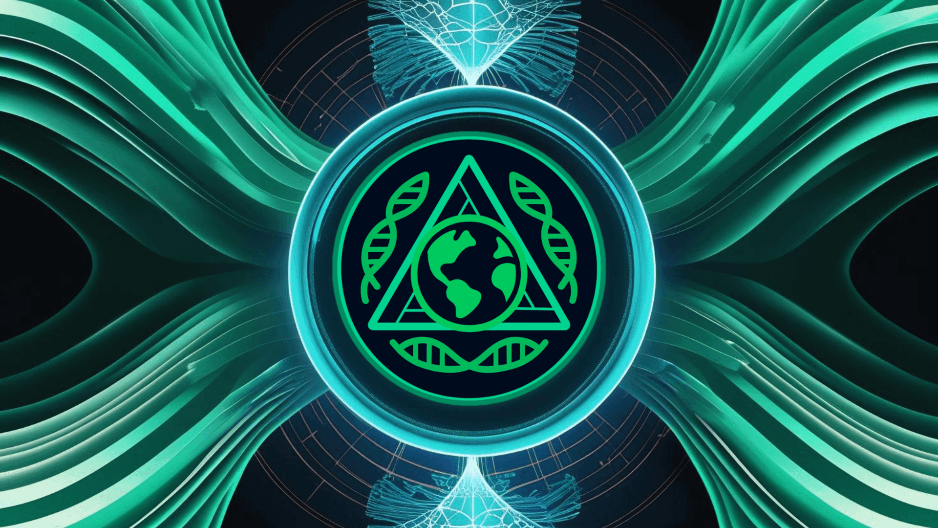 The Evolvance360 2D logo is centered in a glowing circular field, surrounded by waves of neon green and aqua light. DNA strands, sacred geometric overlays, and a radiant grid symbolize identity evolution, structural clarity, and behavioral intelligence.