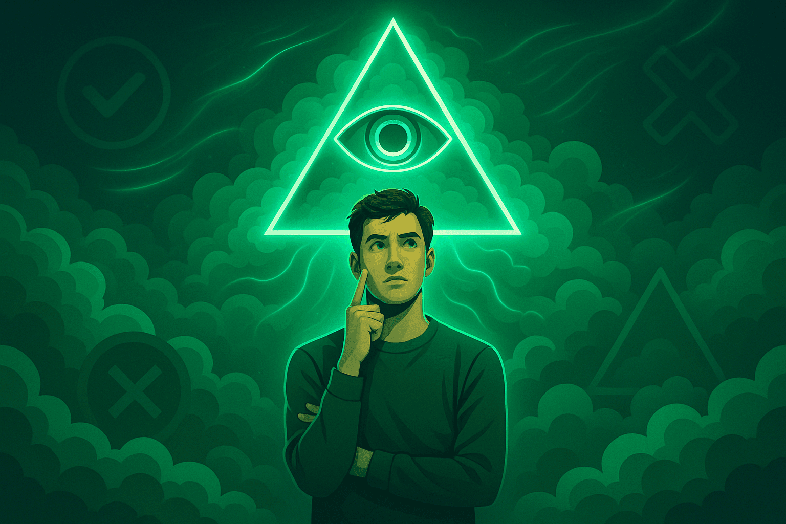 Thoughtful individual beneath a glowing triangle eye symbol, representing insight, decision-making clarity, and early access to Evolvance360 through the pre-order waitlist.