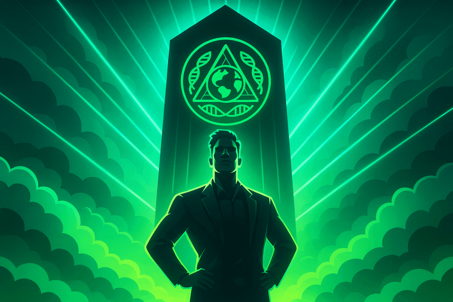Silhouette of a confident professional standing before a glowing Evolvance360 emblem, symbolizing readiness to unlock structural clarity and advanced behavioral systems through alpha access.
